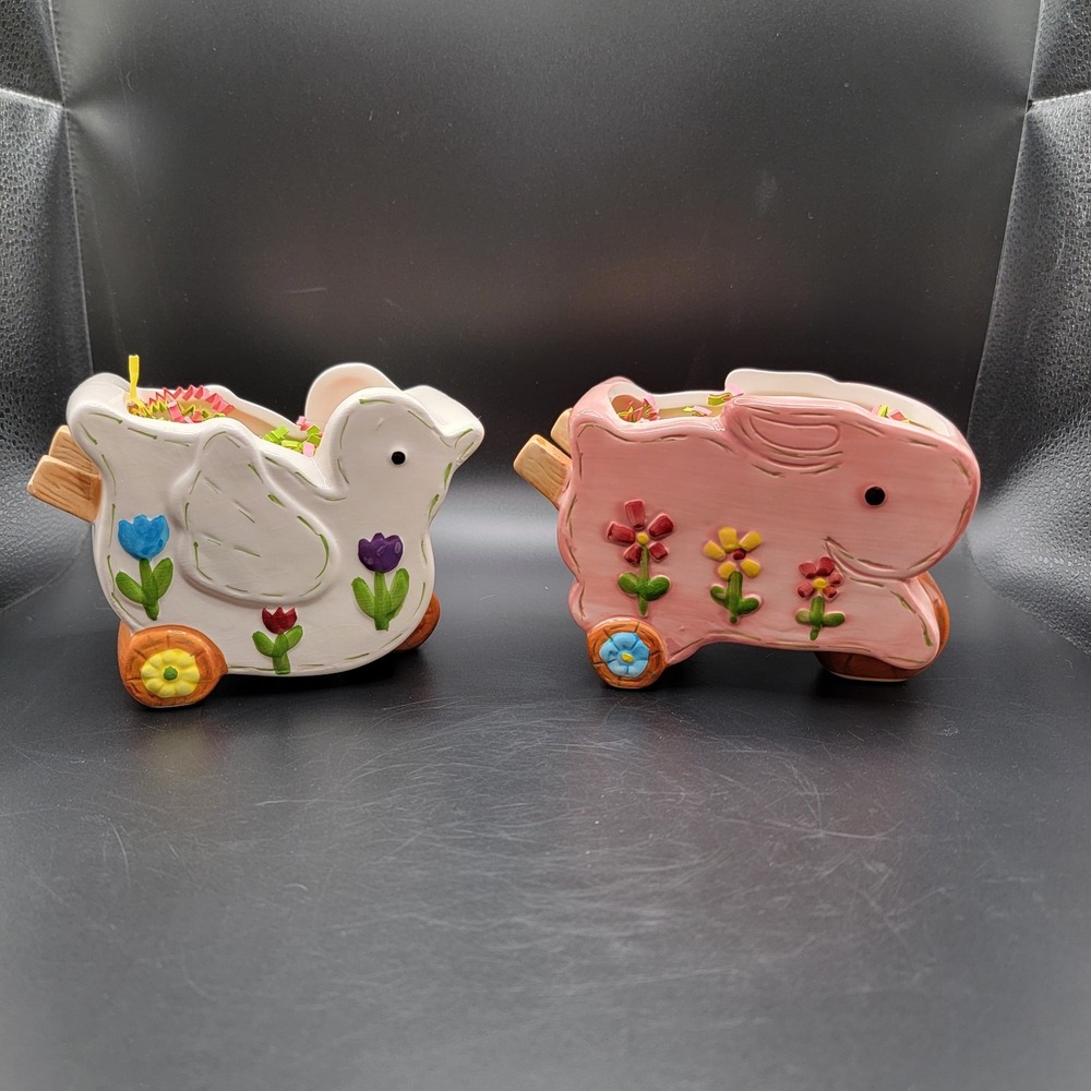 Vintage Ceramic Bunny Rabbit Wheelbarrow Planter Pink & White Duck Planter...